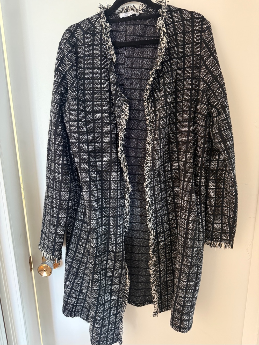 Zara Black White Tweed Long Cardigan Coat Medium Fringe Quiet Luxury